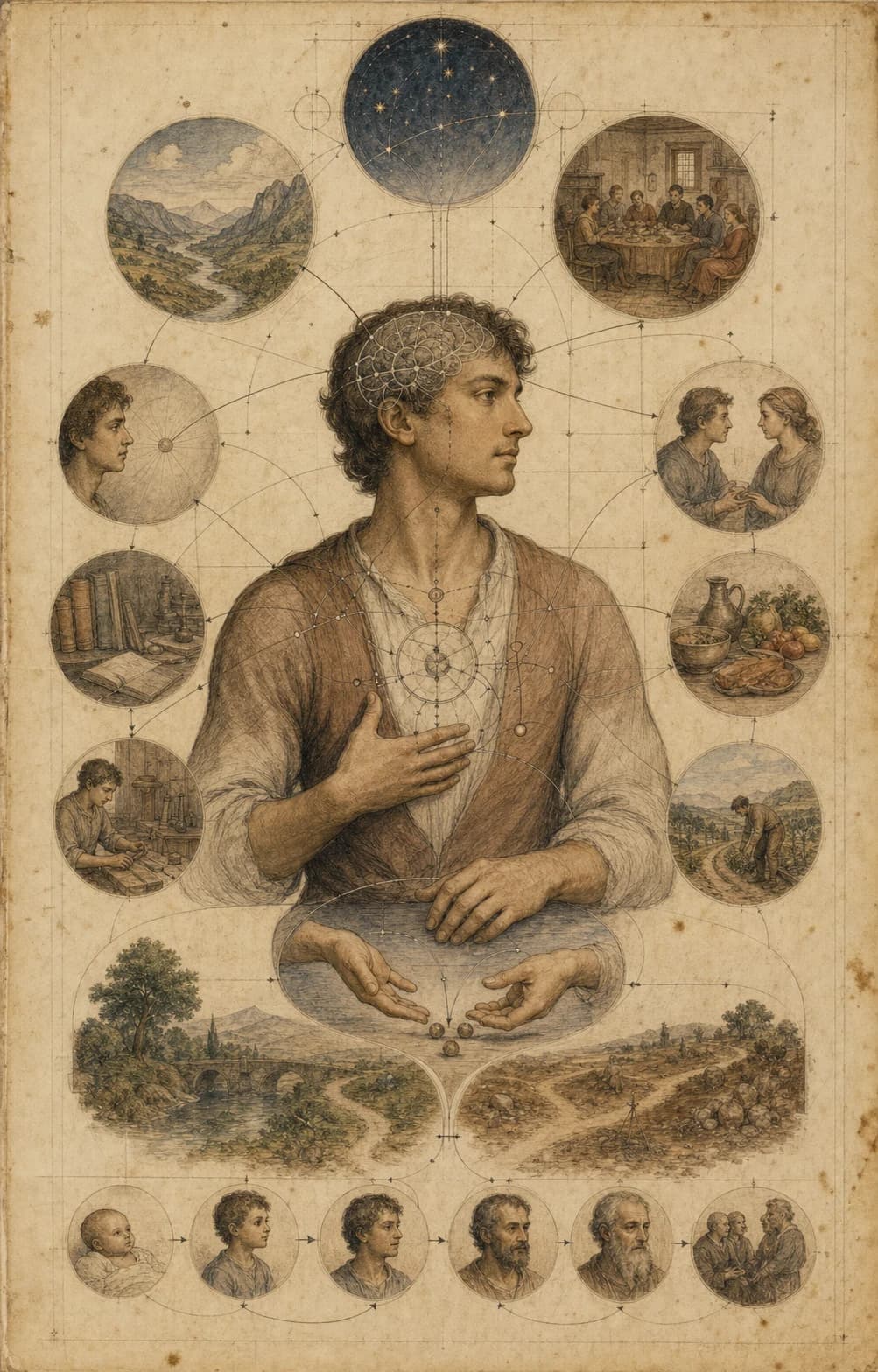 Renaissance scientific plate showing a person connected to memory, relationships, choices, environment, and stages of life