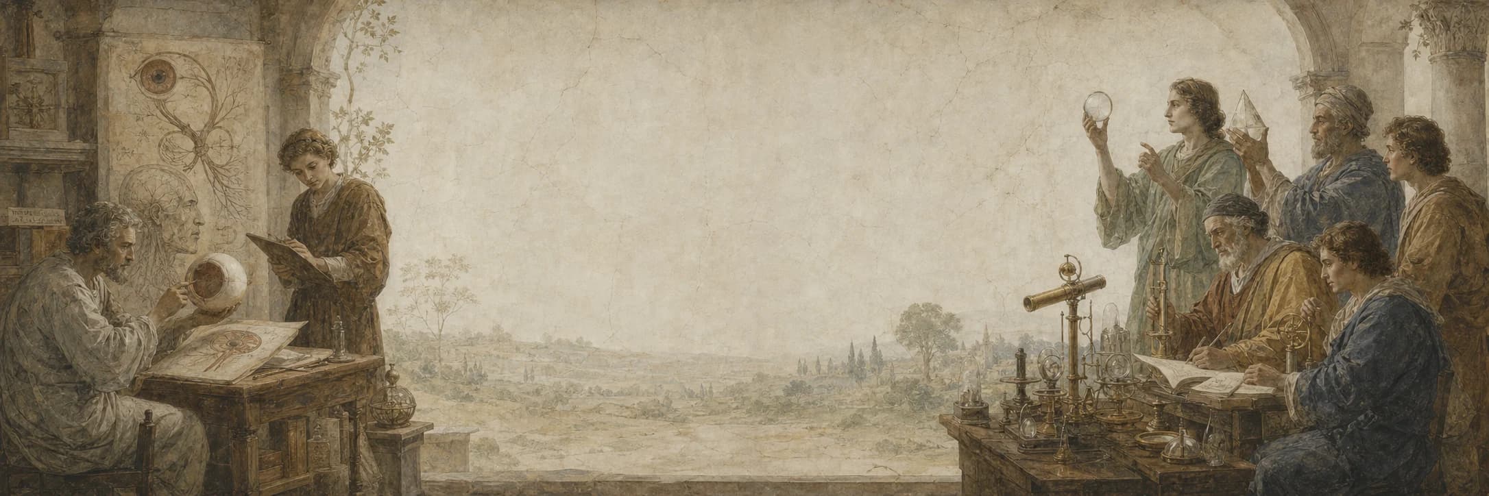 Fresco of anatomists and optical researchers studying the path from eye to instrument