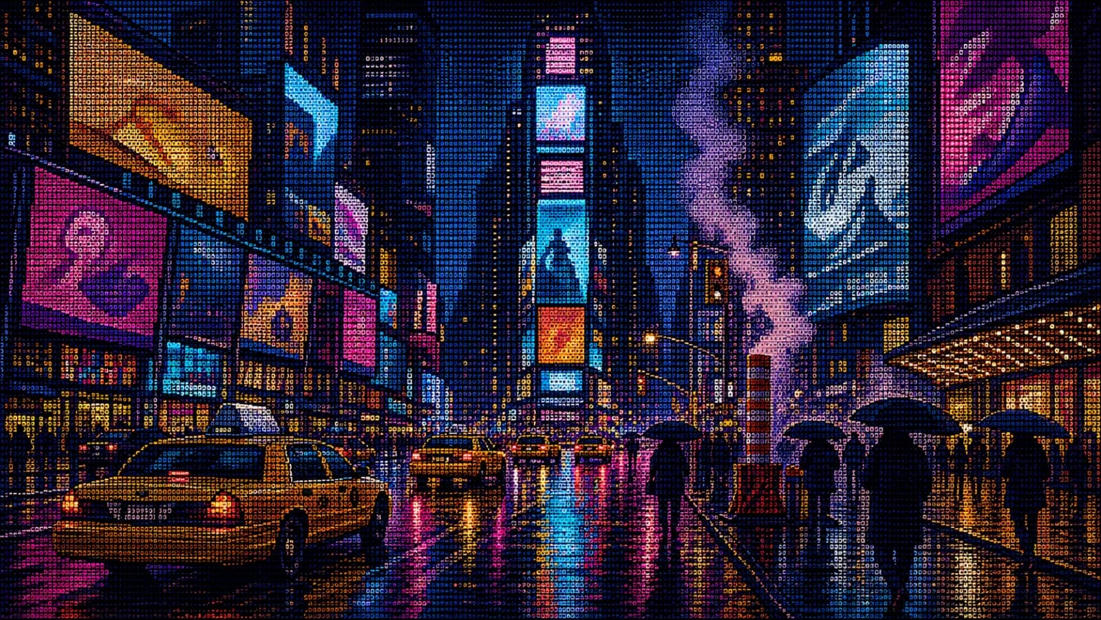 October dot-matrix wallpaper of a neon city