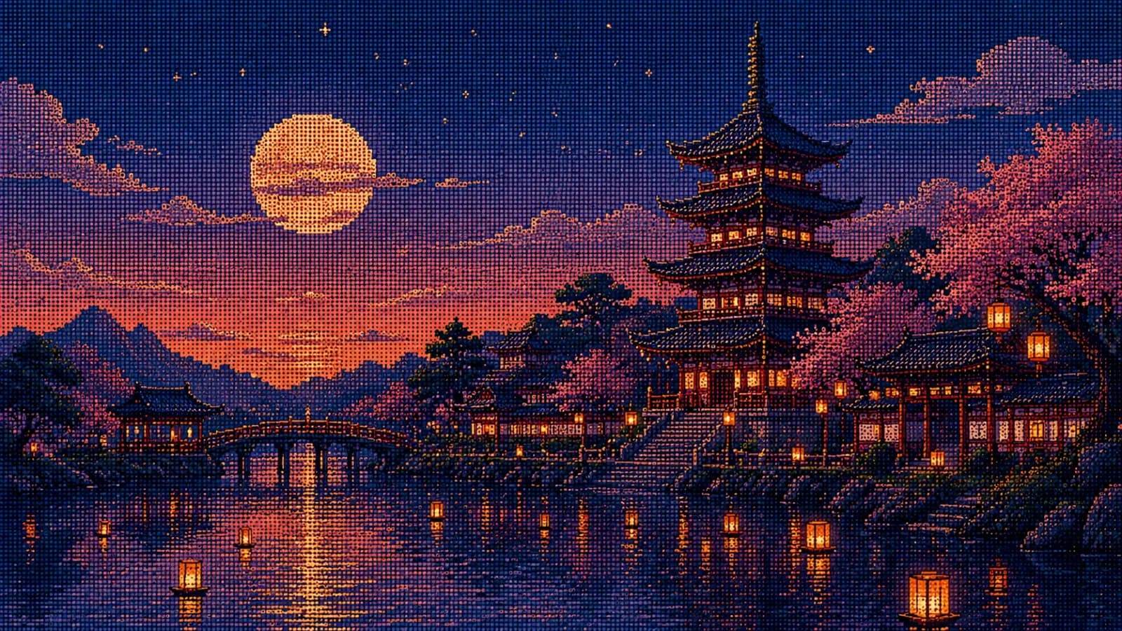 October dot-matrix wallpaper of a pagoda at sunset