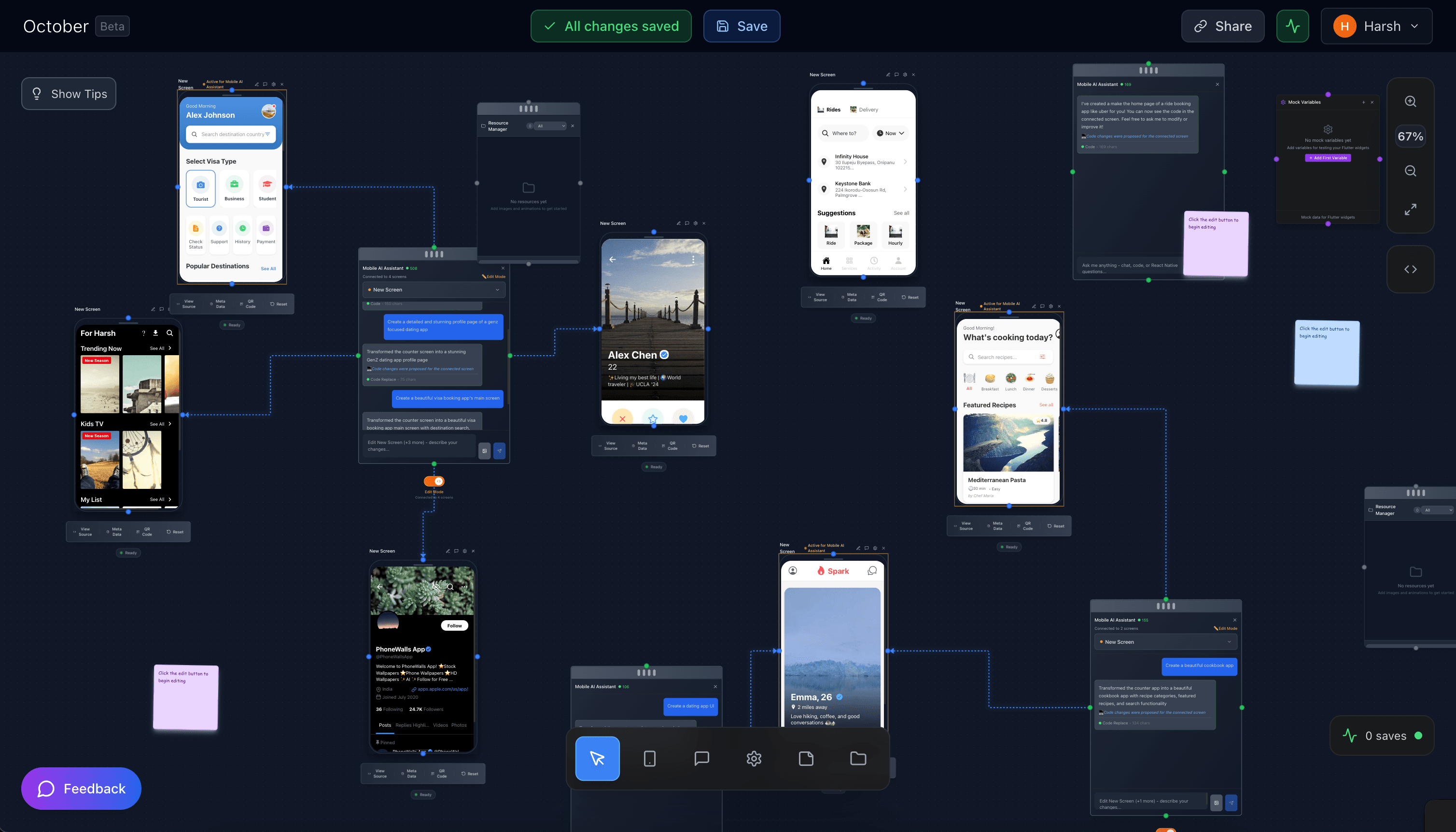 October spatial canvas showing multiple agents and live application screens